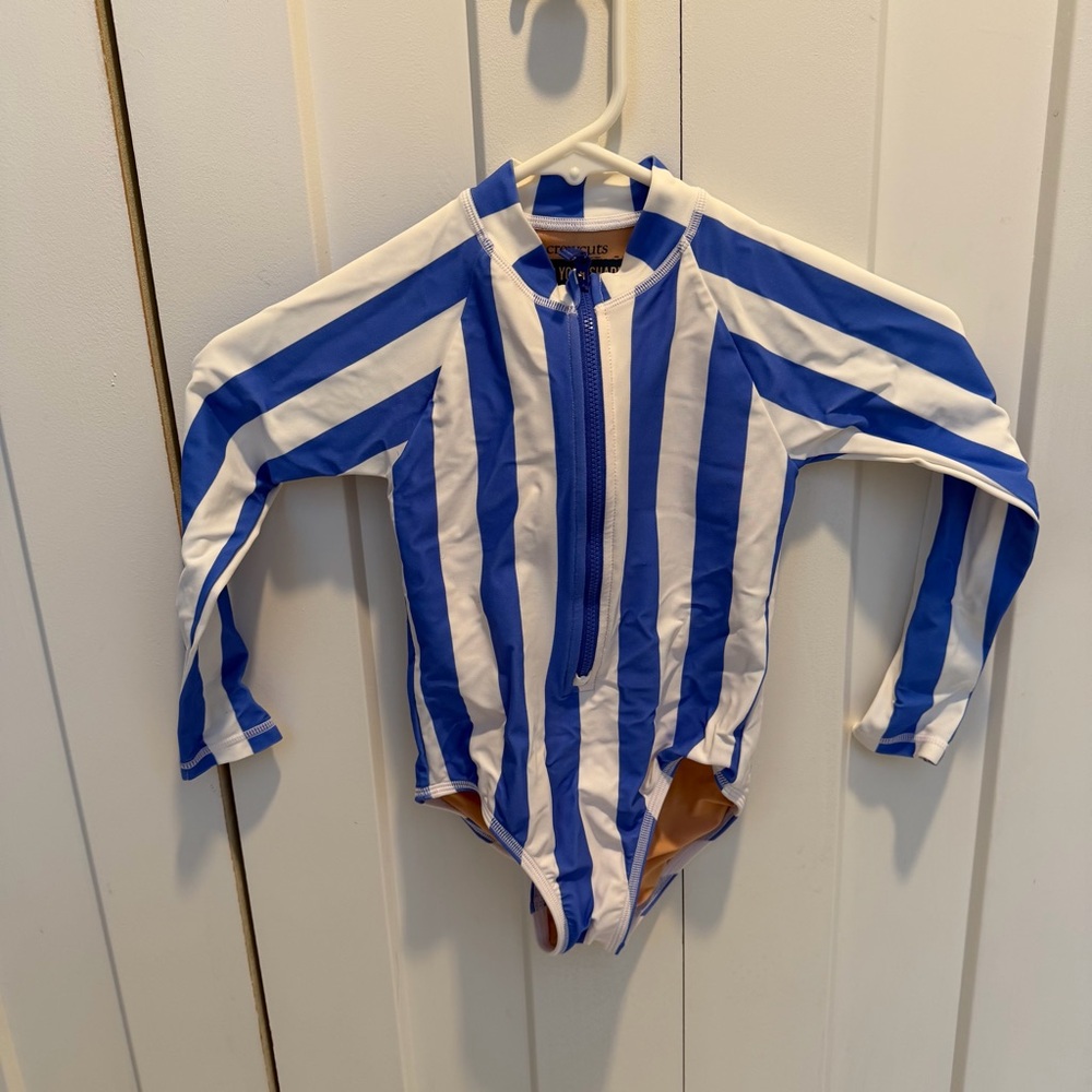 Blue and White Striped Kids rash guard swimsuit